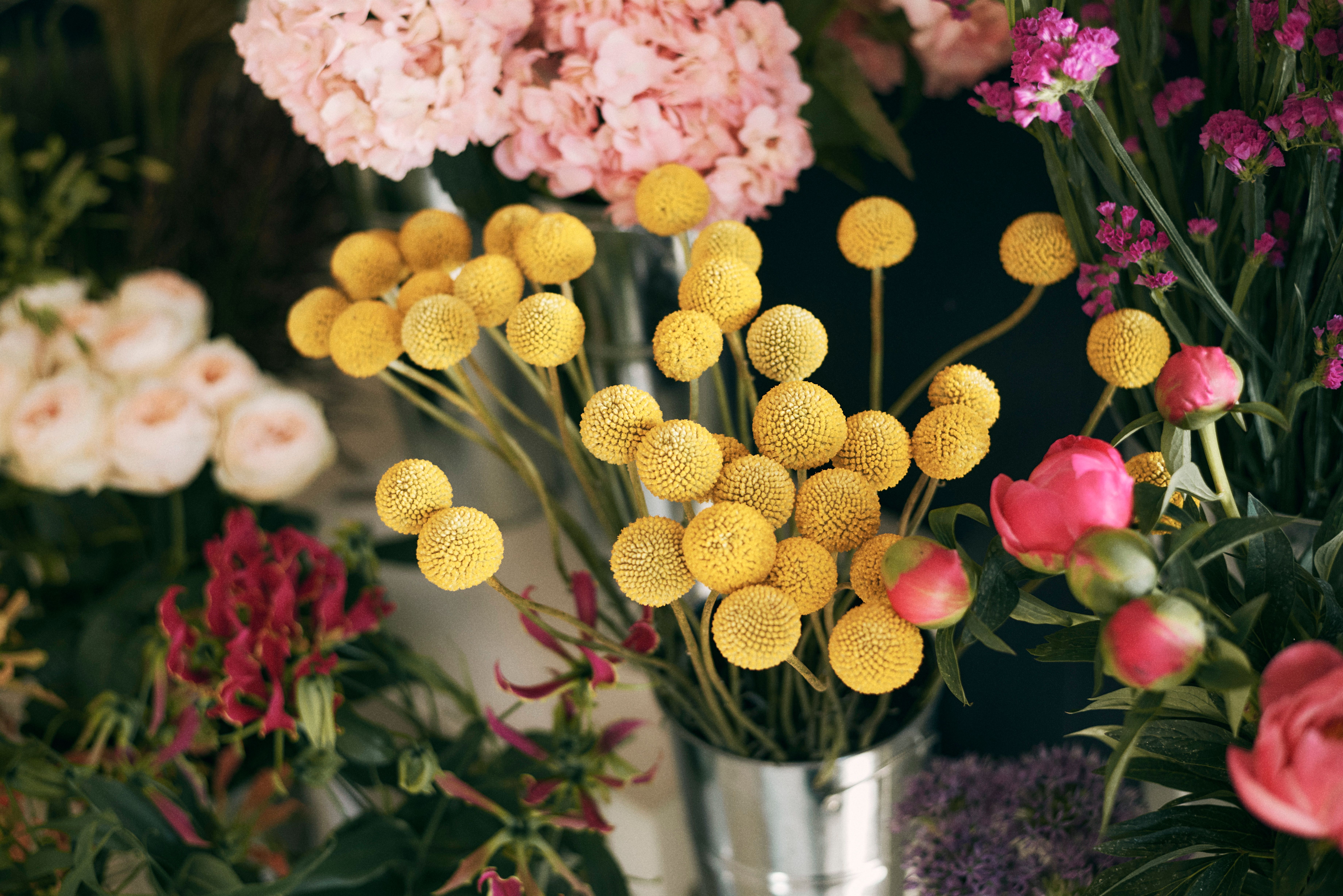 Yellow and pink flowers in silver floristry buckets