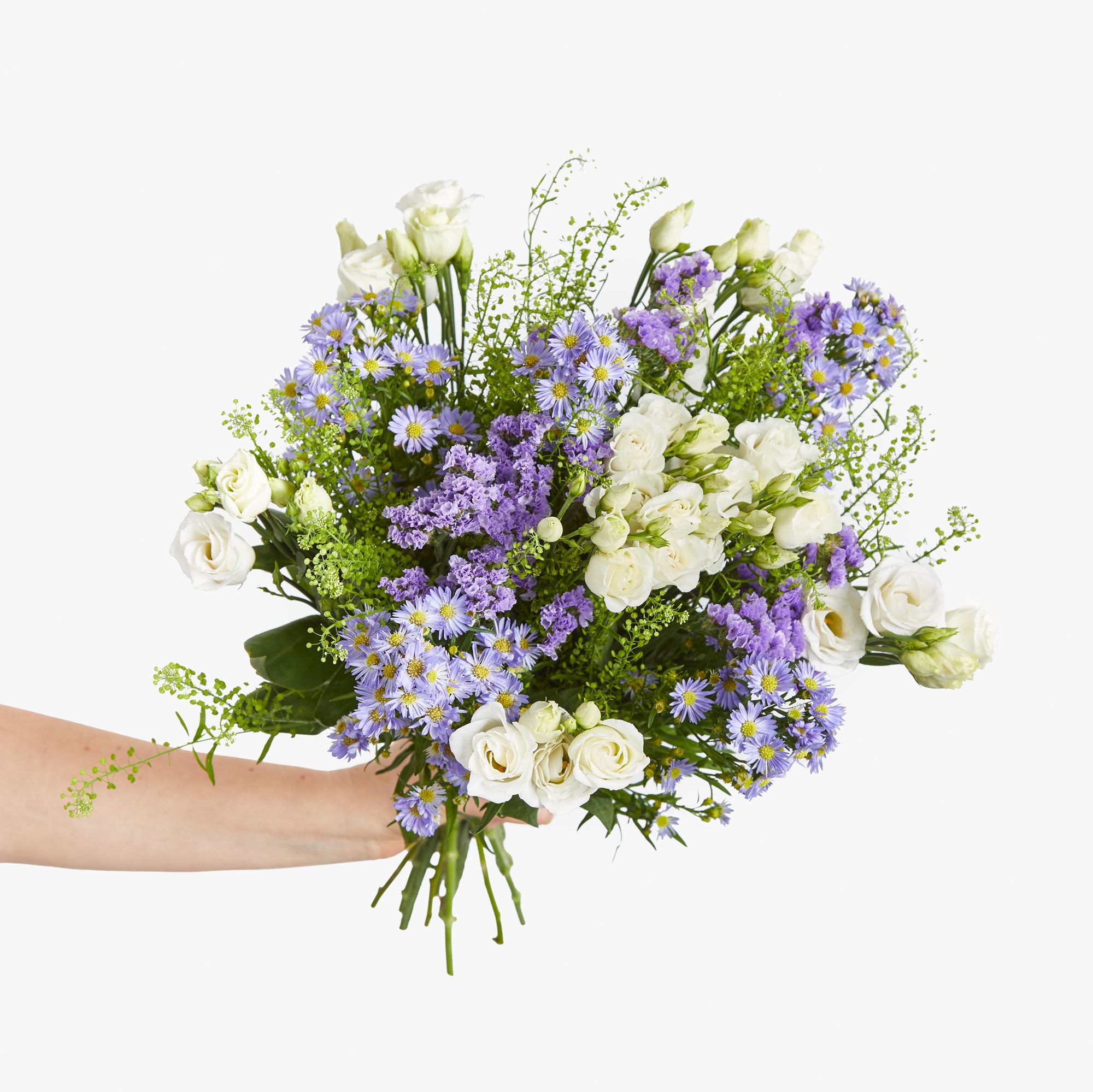 White lisianthus, lilac asters, lilac statice and greenbell