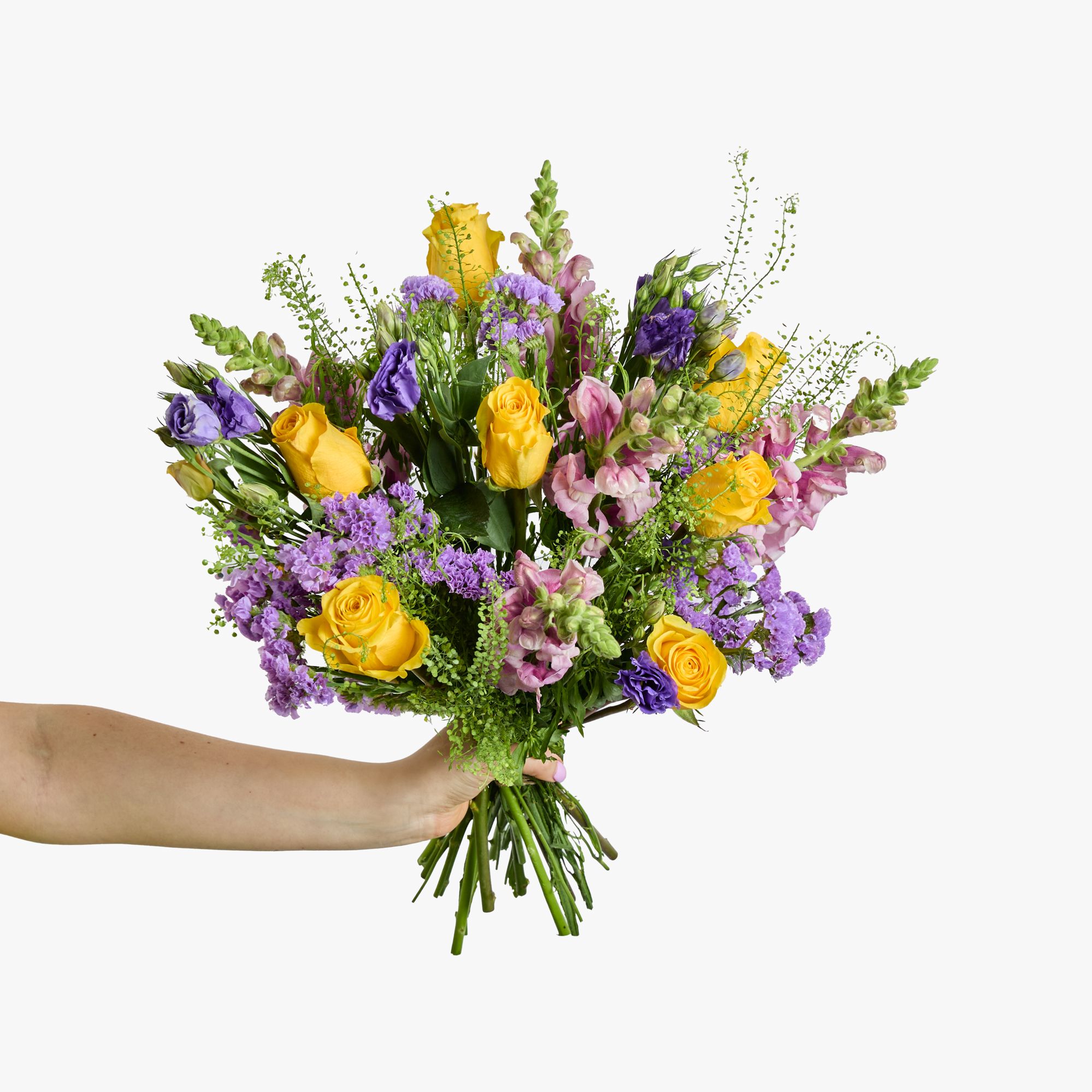 Yellow roses, purple lisianthus, lilac statice, lavender antirrhinum and greenbell