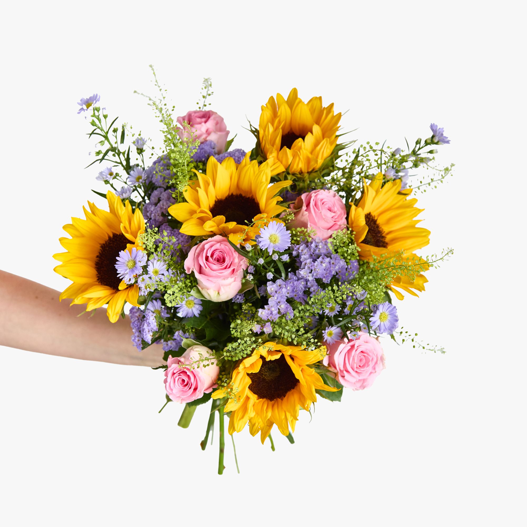 UK-grown sunflowers, lilac asters, pink roses, lilac statice and greenbell