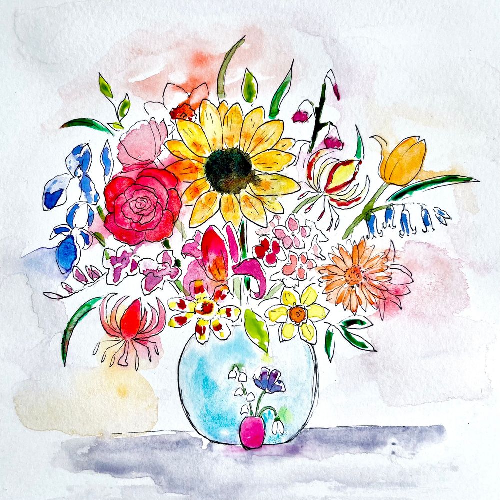 An illustration of a vase full of flowers, including sunflowers, daffodils, tulips, peonies and honeysuckle